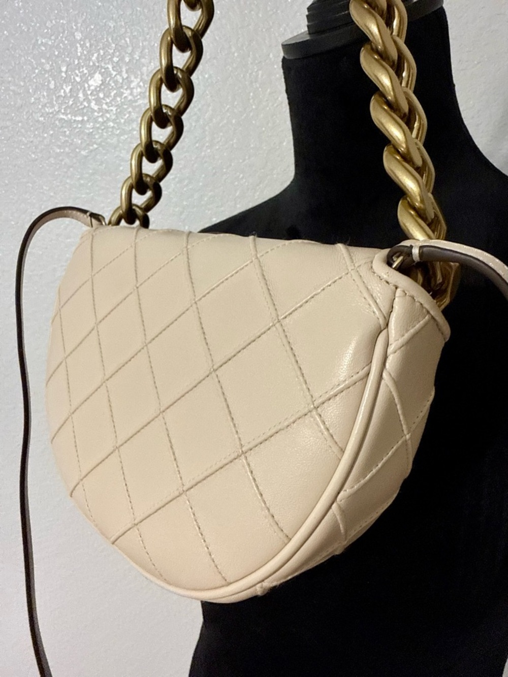 Tory Burch Cream Mini Fleming Crescent Bag with Gold Chain - Picture 16 of 17